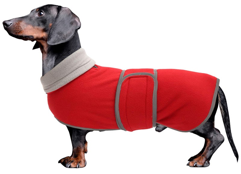 Morezi Dachshund Coats Sausage Dog Fleece Coat in Winter Miniature Dachshund Clothes with Hook and Loop Closure and high vis Reflective Trim Safety - Red - S - Image 1